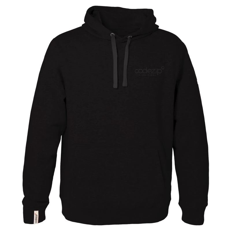 Deep black hoodie with tone on tone logo