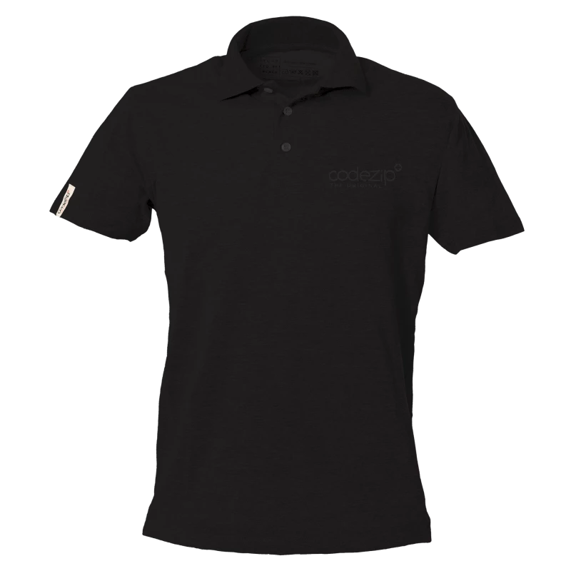 Black short sleeve polo with tone on tone logo