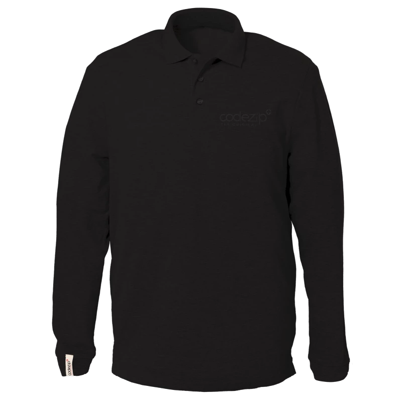 Black long sleeve polo shirt with tone on tone logo