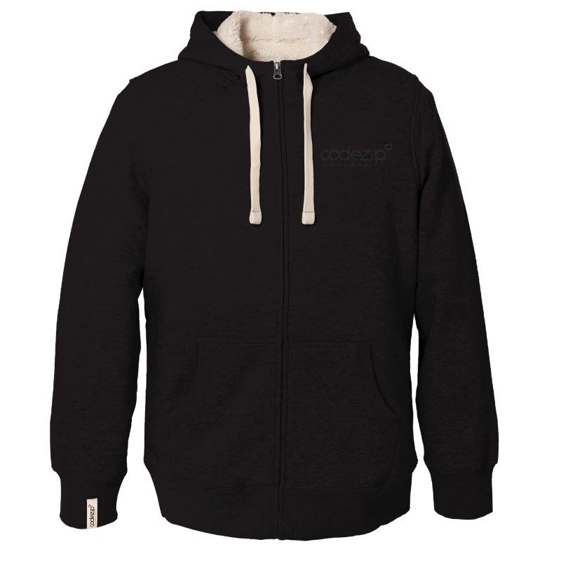 Elegant black Sherpa hooded jacket with tone-on-tone logo