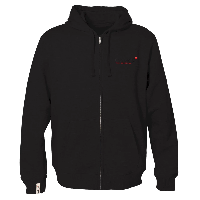 Deep black hooded zip jacket with original logo