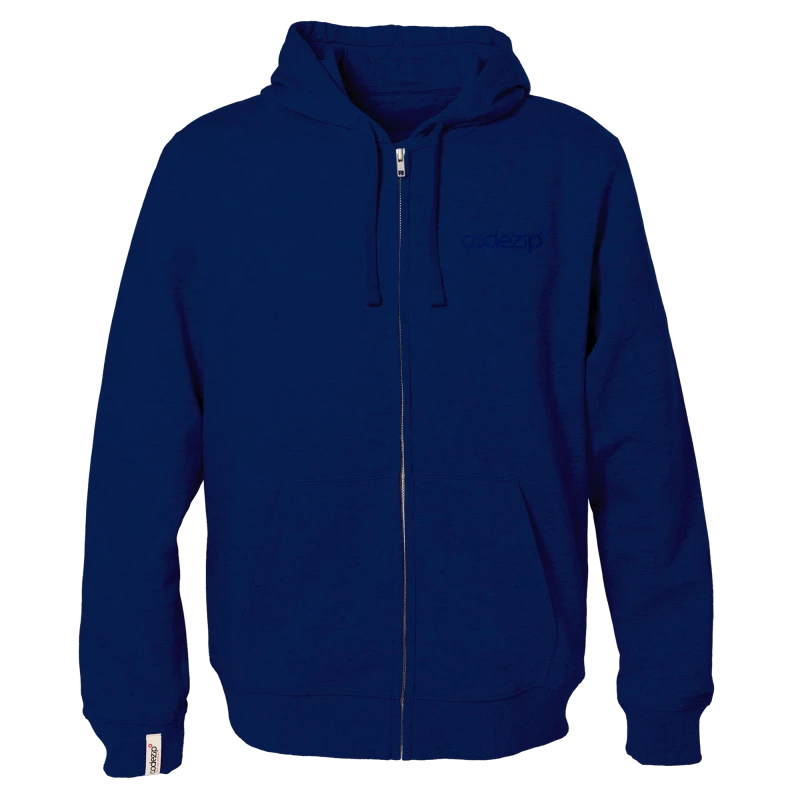 Navy blue hooded zip jacket with tone on tone logo