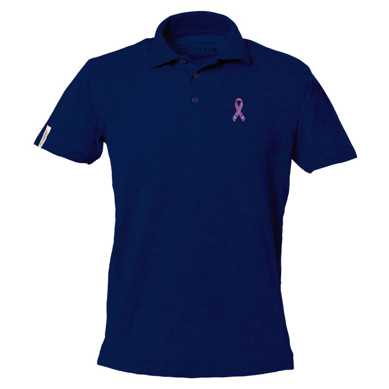 Navy blue short sleeve polo with "Ramer en Rose" logo