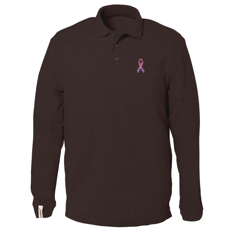 Long sleeve chocolate polo with "Ramer en Rose" logo