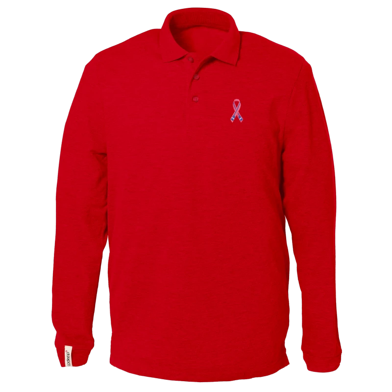 Swiss red long sleeve polo with "Ramer en Rose" logo