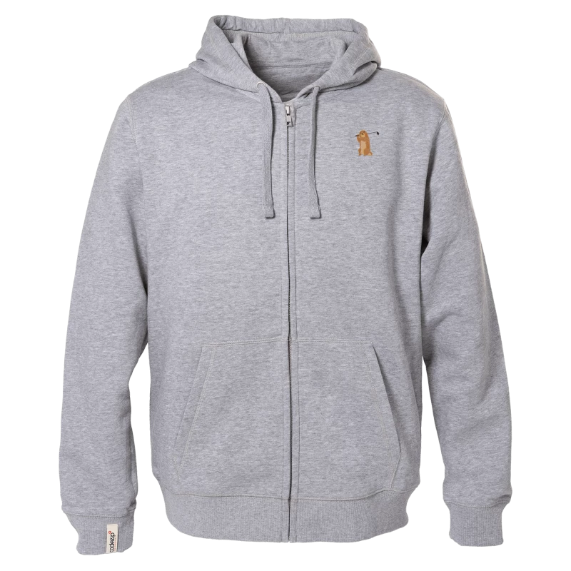 Light grey hooded zip jacket with golf marmot