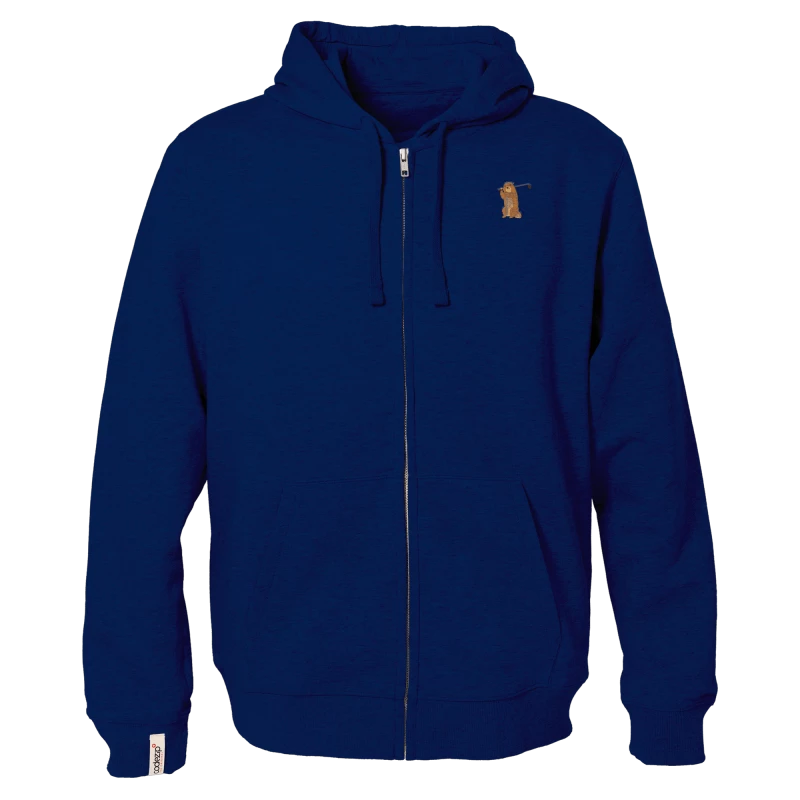 Navy blue hooded zip jacket with golf marmot