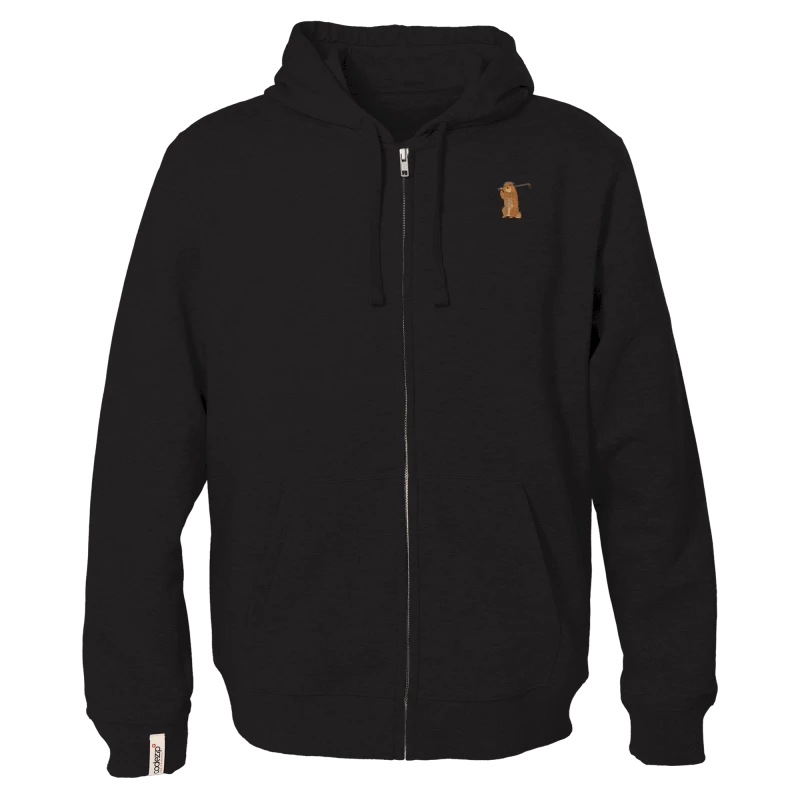 Deep black hooded zip jacket with golf marmot