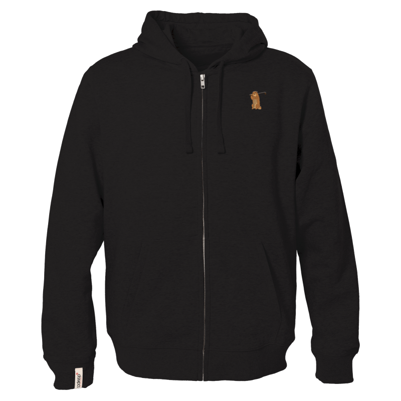 Veste zippée à capuche noir profond avec marmotte golfeuse 