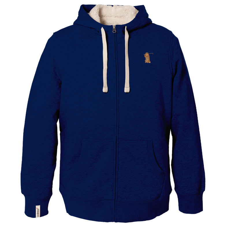 Veste Sherpa à capuche bleu marine avec marmotte golfeuse  