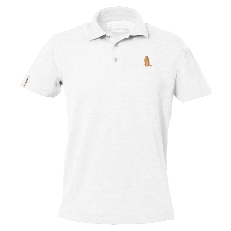 White short sleeve polo with marmot