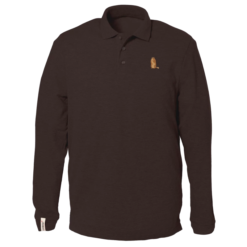 Long sleeve chocolate polo with marmot