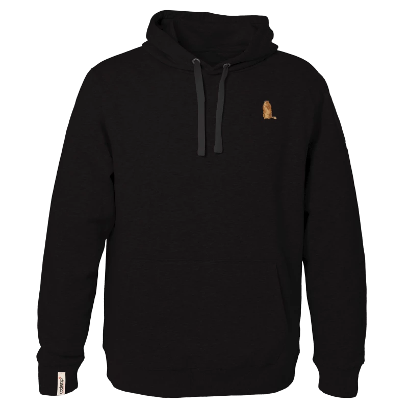 Deep black hoodie with marmot