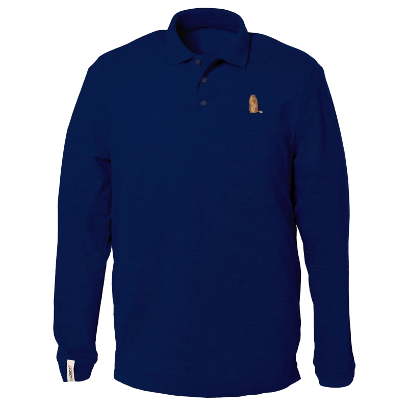 Navy blue long sleeve polo with marmot