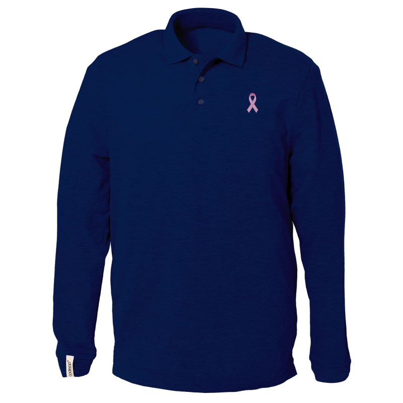 Navy blue polo with pink ribbon logo