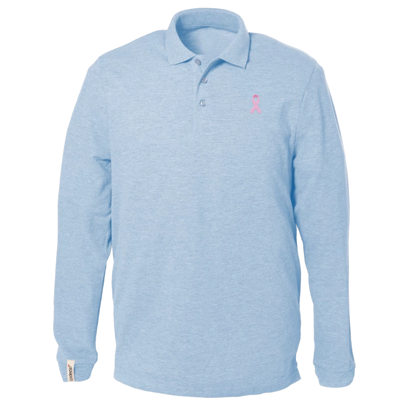 Polo bleu ciel manches longues avec logo ruban rose