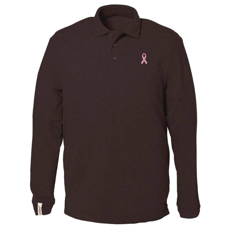 Long sleeve chocolate polo with pink ribbon logo