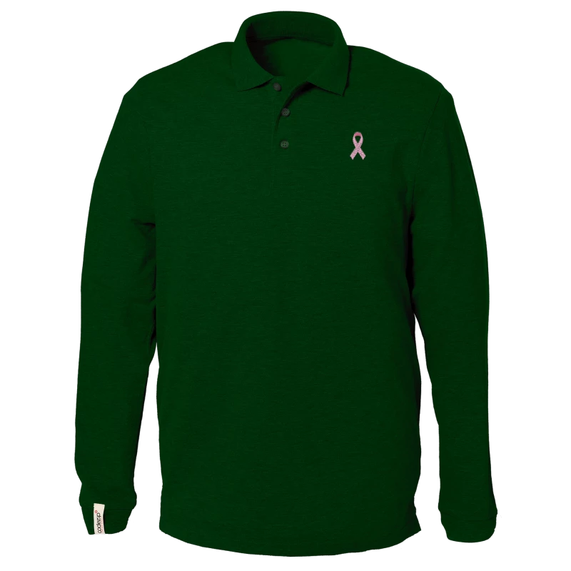 Green golf polo with pink ribbon logo, long sleeves