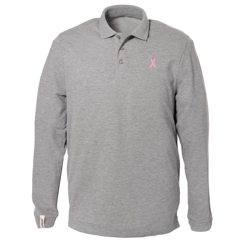 Long sleeve polo shirt grey mottled with pink ribbon logo