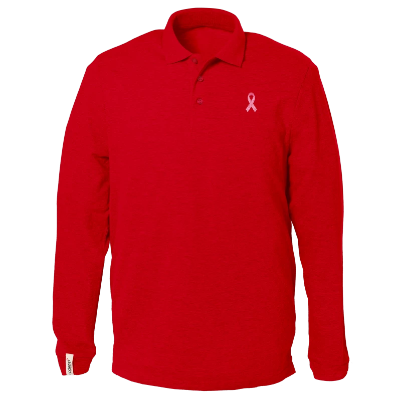 Rotes Polo-Shirt mit langen Ärmeln und rosa Schleife Logo