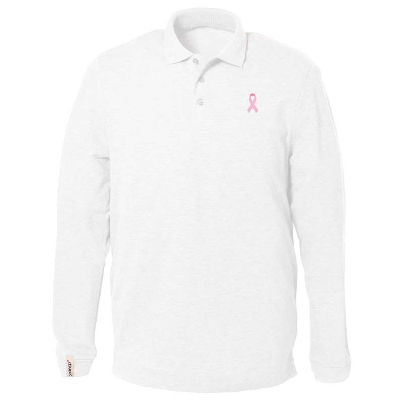 White long sleeve polo with pink ribbon logo