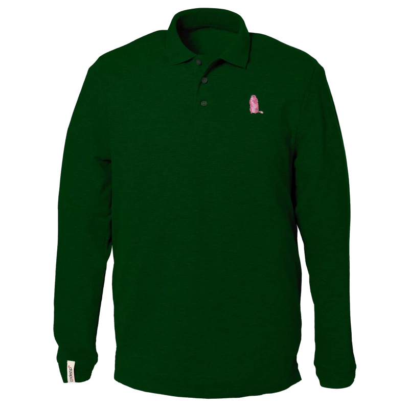 Green golf polo with groundhog logo, long sleeves