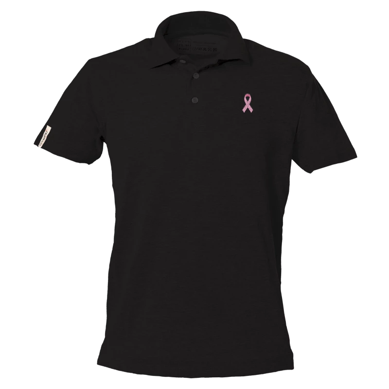 Black short sleeve polo with pink ribbon logo