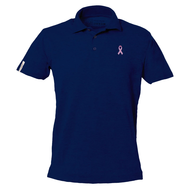 Navy blue short sleeve polo with pink ribbon logo