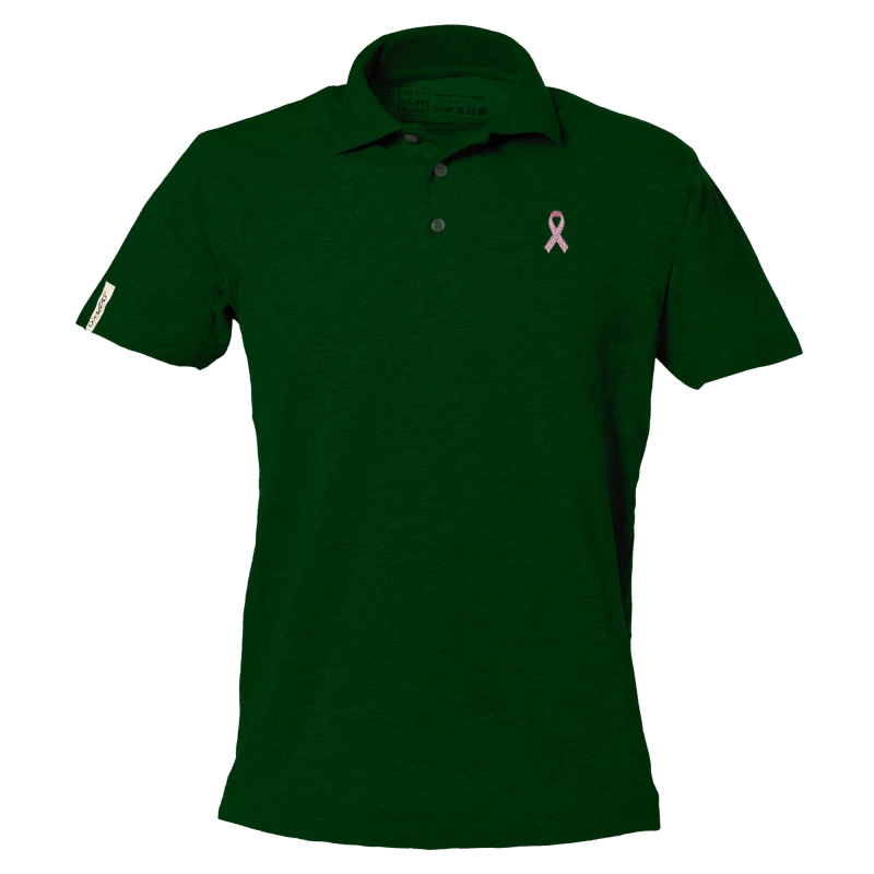 Dunkelgrünes Polo-Shirt mit kurzen Ärmeln und rosa Schleife Logo