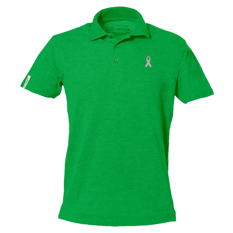 Short sleeve golf green polo with pink ribbon logo