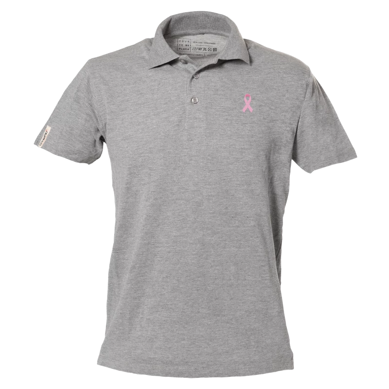 Light grey short sleeve polo with pink ribbon logo