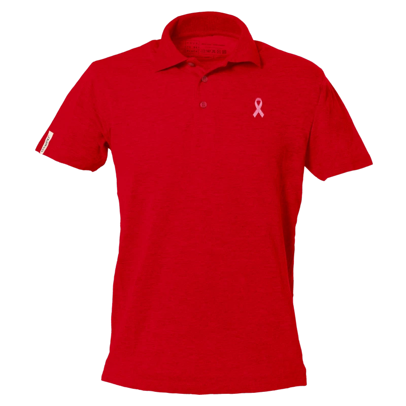 Swiss red short sleeve polo with pink ribbon logo