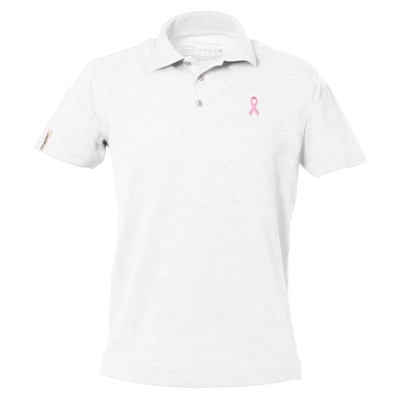 Weisses Polo-Shirt mit kurzen Ärmeln und rosa Schleife Logo