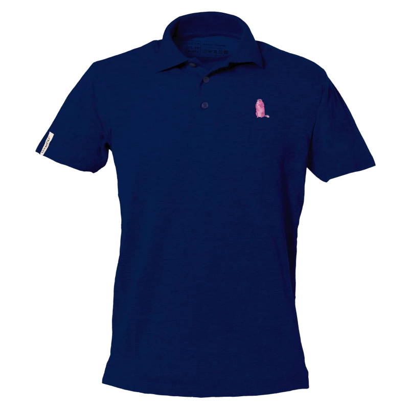 Navy blue short sleeve polo with pink ribbon logo