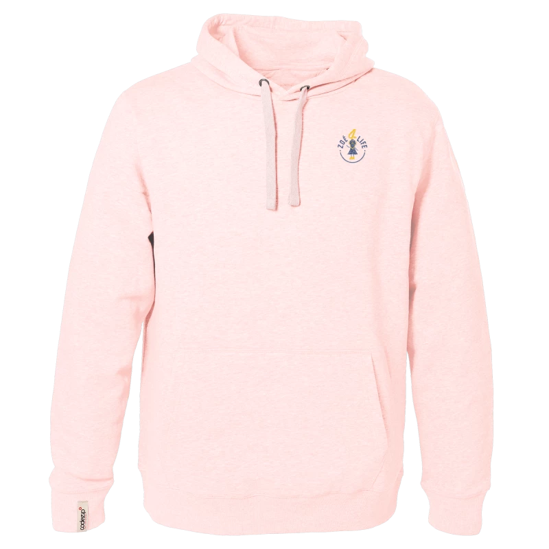 Light pink hoodie with "Zoé4life" logo