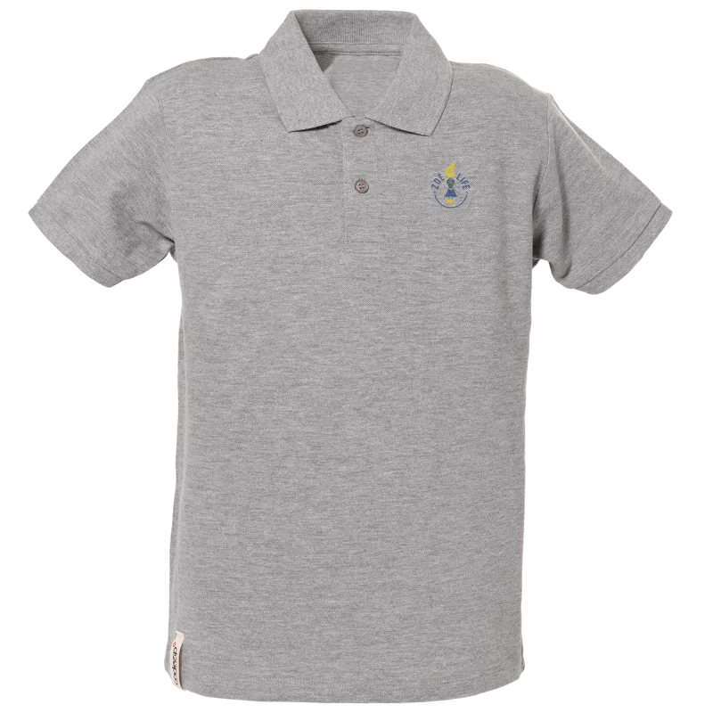 Mottled grey short sleeve polo shirt for kids, with "Zoé4life" logo 