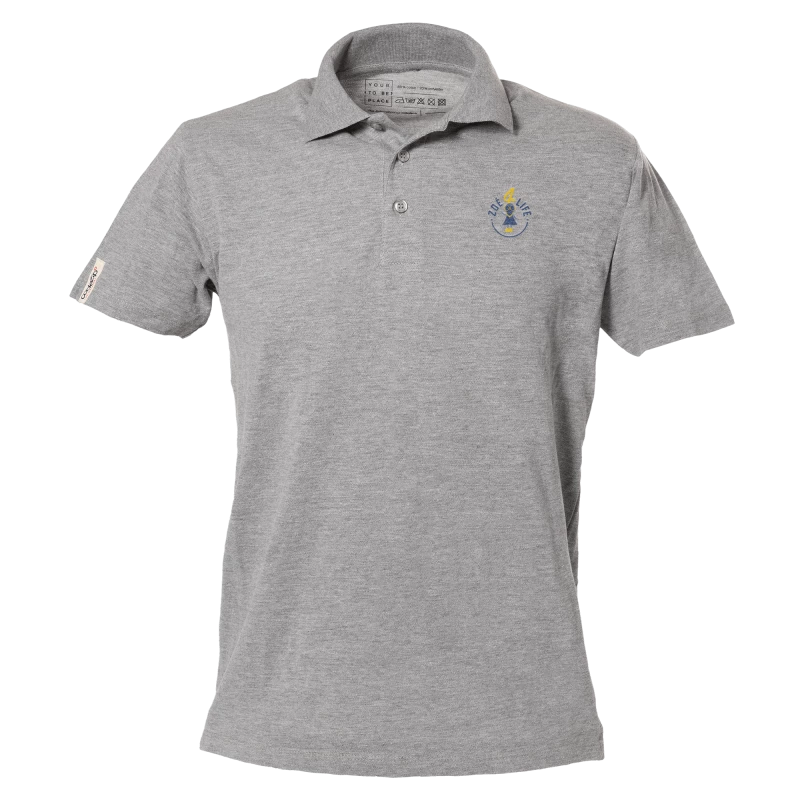 Light grey short sleeve polo shirt with "Zoé4life" logo  