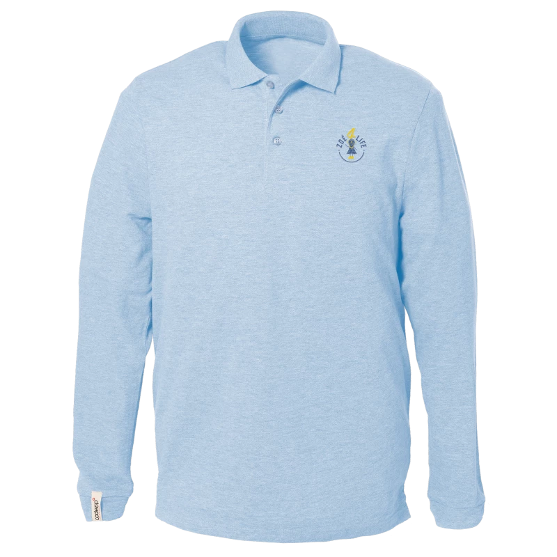 Sky blue long sleeve polo shirt with "Zoé4life" logo  