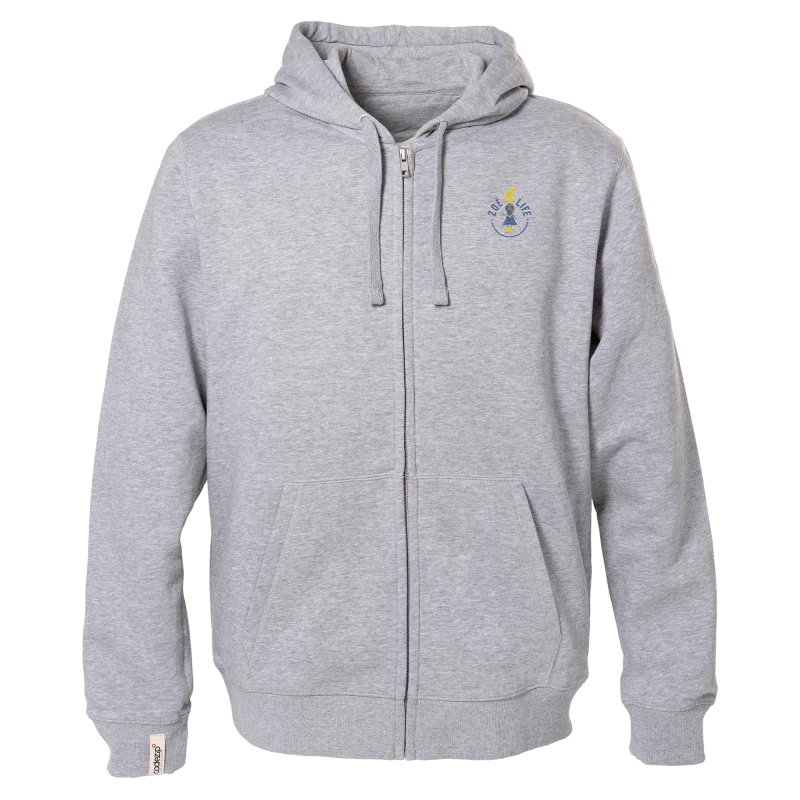 Light grey hooded zip jacket with "Zoé4life" logo