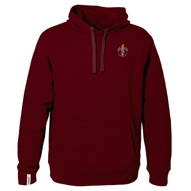 Burgundy hoodie with "Zoé4life" logo