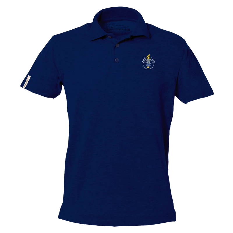 Blaues Polo-Shirt mit kurzen Ärmeln und "Zoé4life" Logo