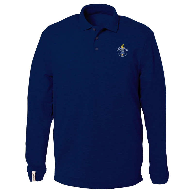 Navy blue polo shirt with long sleeves with "Zoé4life" logo  