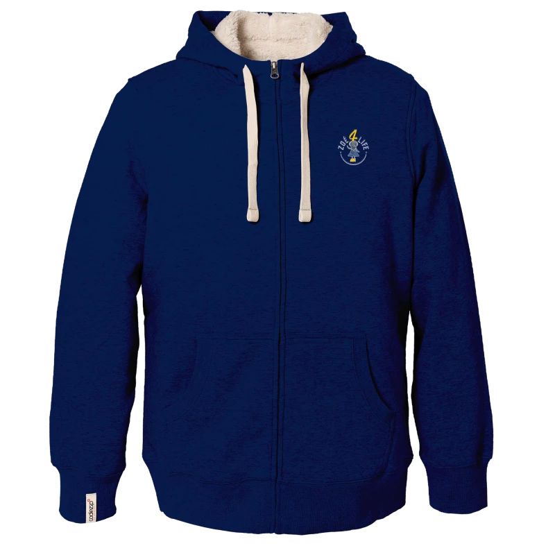 Sherpa navy blue hooded jacket with "Zoé4life" logo 