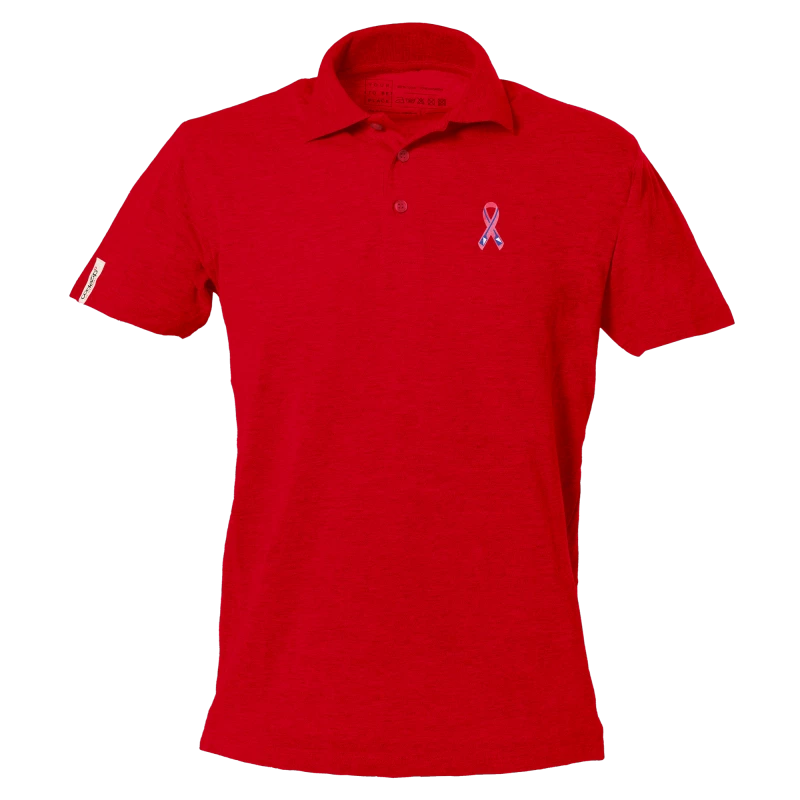 Rotes Polo-Shirt mit kurzen Ärmeln und "Ramer en Rose Zurich" Logo 