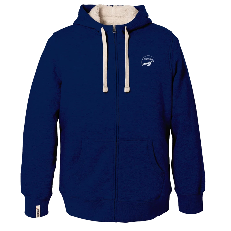 Blue hooded Sherpa jacket with ADESSIA logo