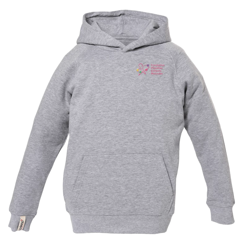 Kids hoodie grey heathered with "Fondation Planète Enfants Malades" logo