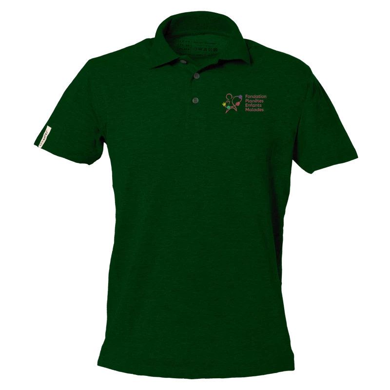 Dunkelgrünes Polo-Shirt mit kurzen Ärmeln und Fondation Planète Enfants Malades Logo