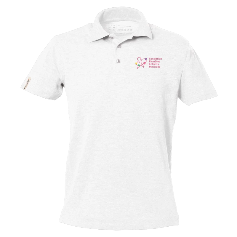 White short sleeve polo with Fondation Planète Enfants Malades logo