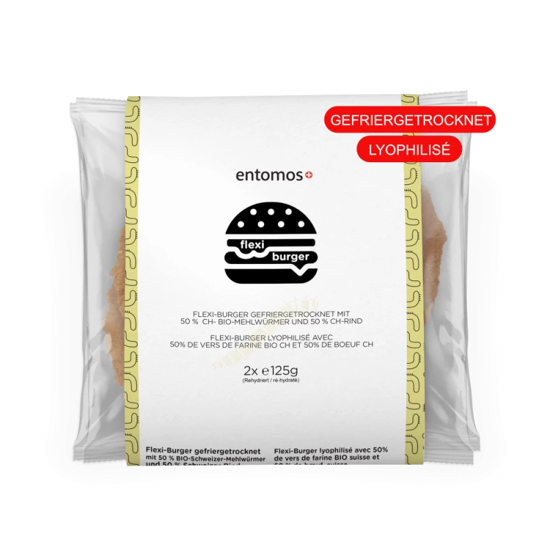 Flexi-Burger Gefriergetrocknet mit CH-Mehlwürmer und CH-Rind | 250G (2X125G) Rehydriert | Entomos